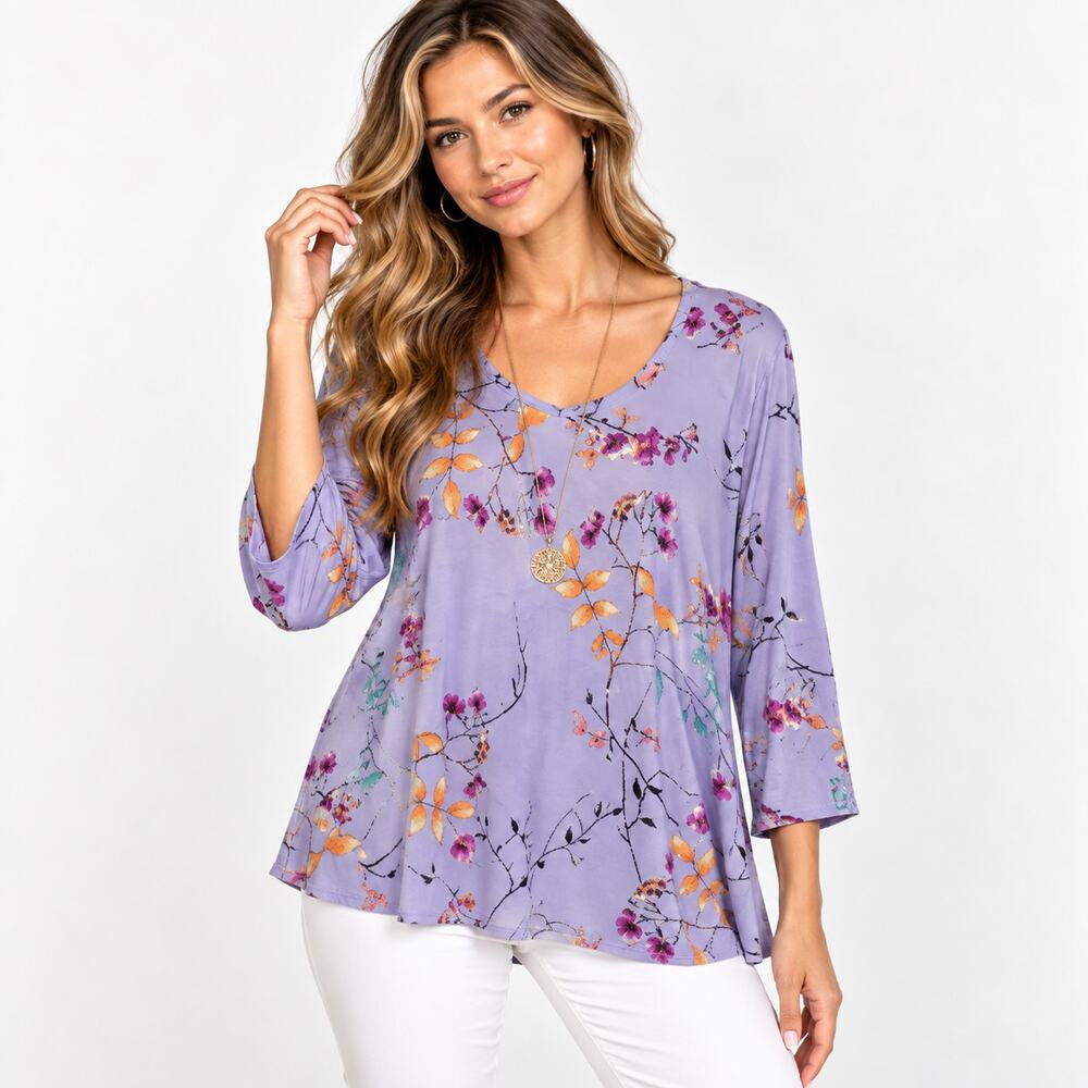 Susan Graver Liquid Knit Blouse Women's Size XL Purple Floral Casual Cottage